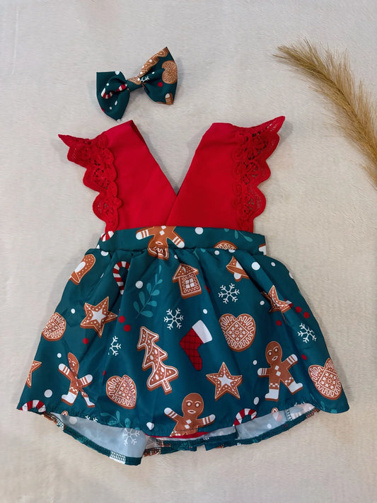 Christmas Gingerbread Dress with Matching Bow 🎄🍪✨